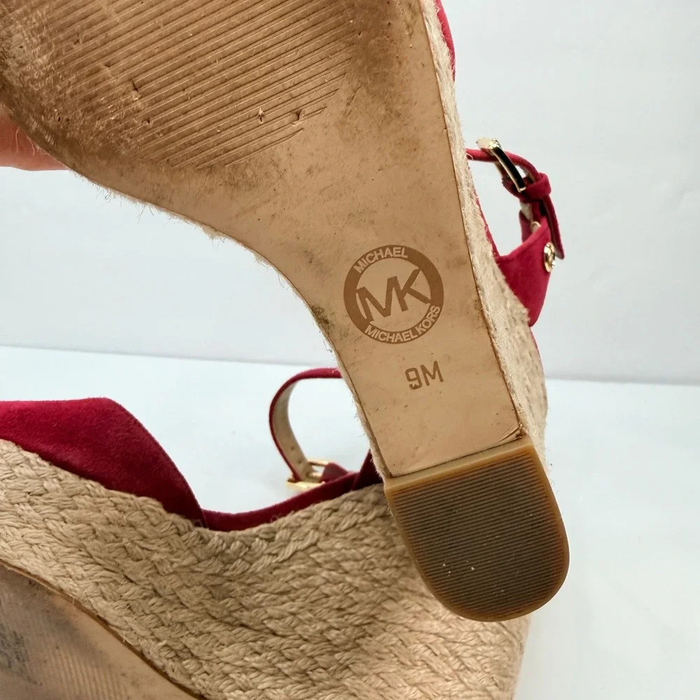 Michael Kors Women 9 Wedge Red Suede Espadrille Platform Sandals Luxury Designer